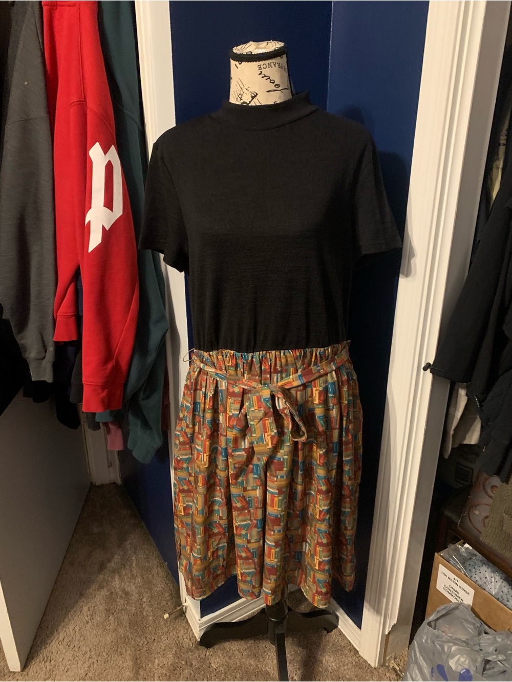 Modcloth Black Top with Multicolor Geometric Print Skirt